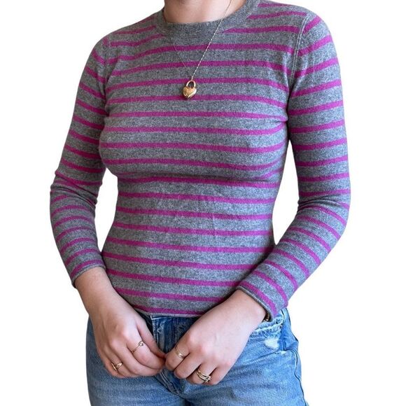 Garnet Hill Womens 100% Cashmere Pink Gray Striped Crewneck Sweater Sz XS - Picture 4 of 8